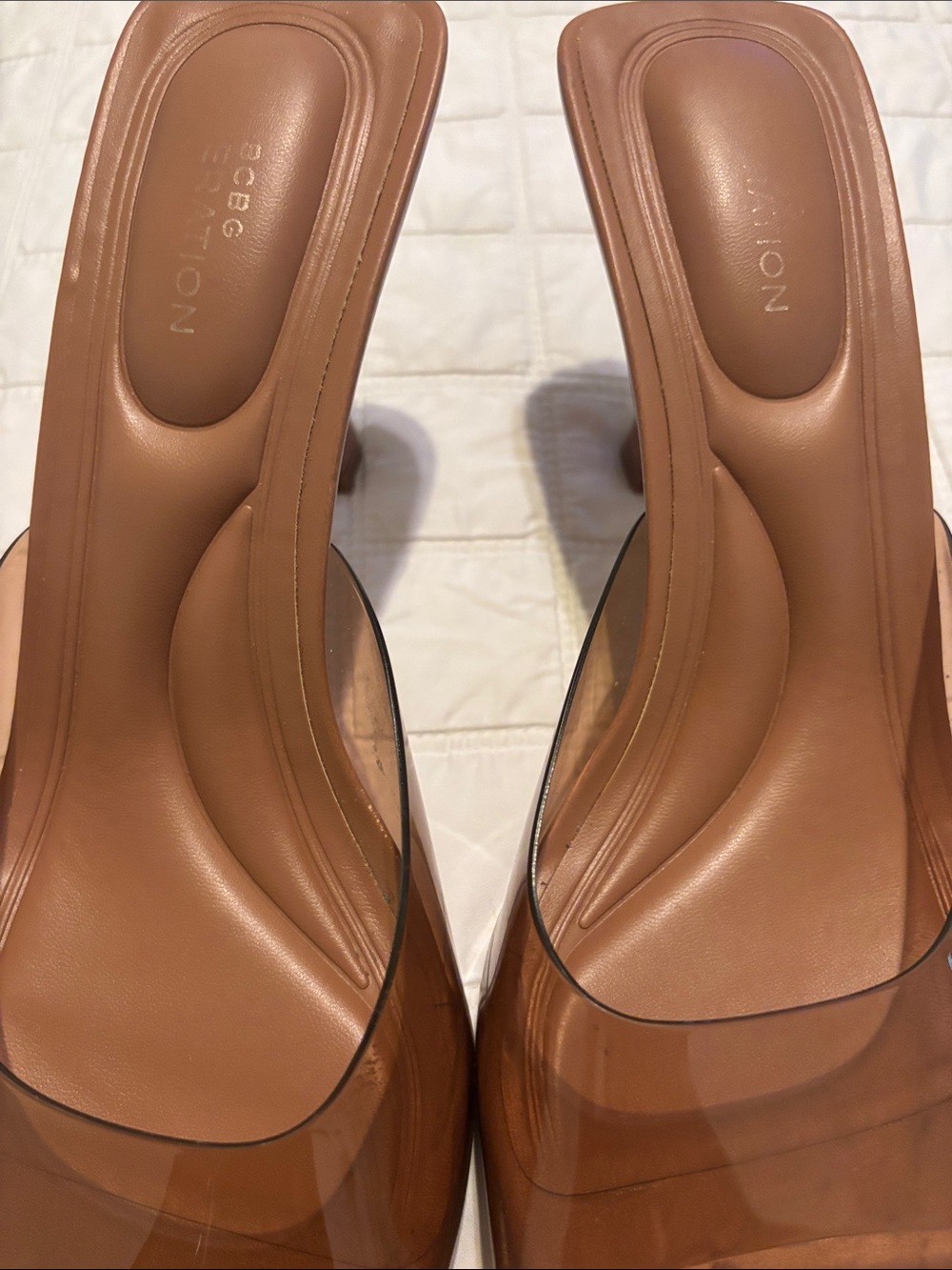 BCBGeneration Tan Clear-Band Square-Toe Mules - Picture 2 of 5